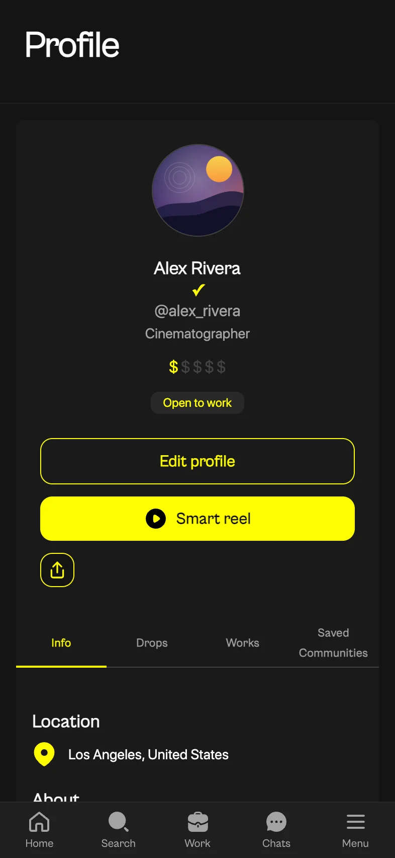 The profile of Alex Rivera in the FIXER web app: an abstract sample picture, a verified badge, the handle alex_rivera, the profession Cinematographer, the status Open to work, the buttons Edit profile and Smart reel, and the tabs Info, Drops, Works and Saved Communities.